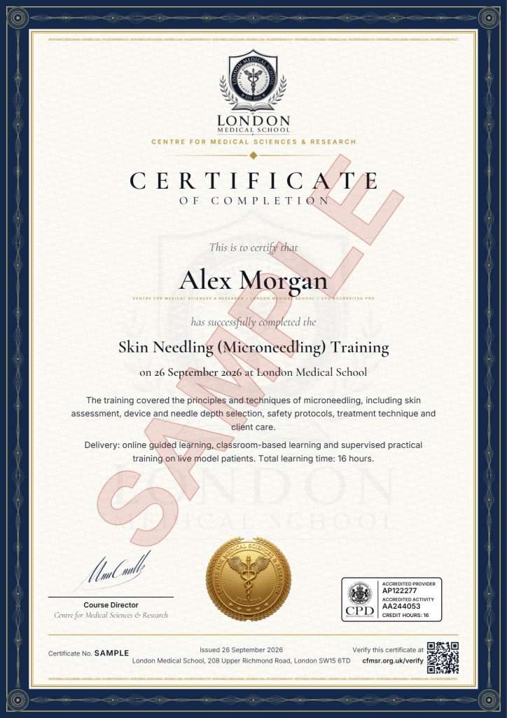 Sample Certificate of Completion for Skin Needling Treatments, made out to a fictional learner